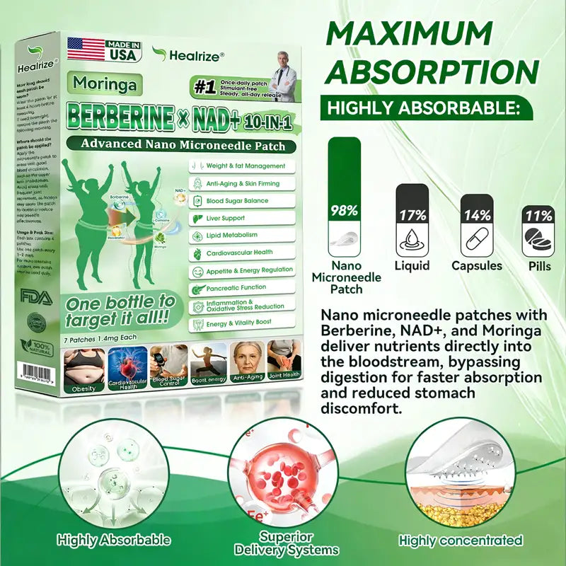 🇺🇸 𝐎𝐟𝐟𝐢𝐜𝐢𝐚𝐥 𝐔𝐒 𝐒𝐭𝐨𝐫𝐞 | 🧑‍⚕️🩺𝐇𝐞𝐚𝐥𝐫𝐢𝐳𝐞® Moringa · Berberine × NAD+ 𝟏𝟎-𝐢𝐧-𝟏 𝐀𝐝𝐯𝐚𝐧𝐜𝐞𝐝 𝐍𝐚𝐧𝐨 𝐌𝐢𝐜𝐫𝐨𝐧𝐞𝐞𝐝𝐥𝐞 𝐏𝐚𝐭𝐜𝐡 — 𝐎𝐧𝐜𝐞 𝐃𝐚𝐢𝐥𝐲, 𝐕𝐢𝐬𝐢𝐛𝐥𝐞 𝐑𝐞𝐬𝐮𝐥𝐭𝐬 𝐢𝐧 𝟕 𝐃𝐚𝐲𝐬