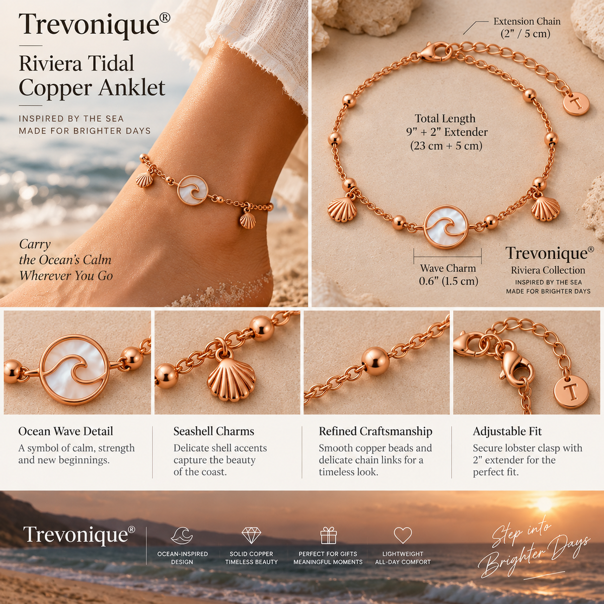 Trevonique® Riviera Tidal Copper Anklet